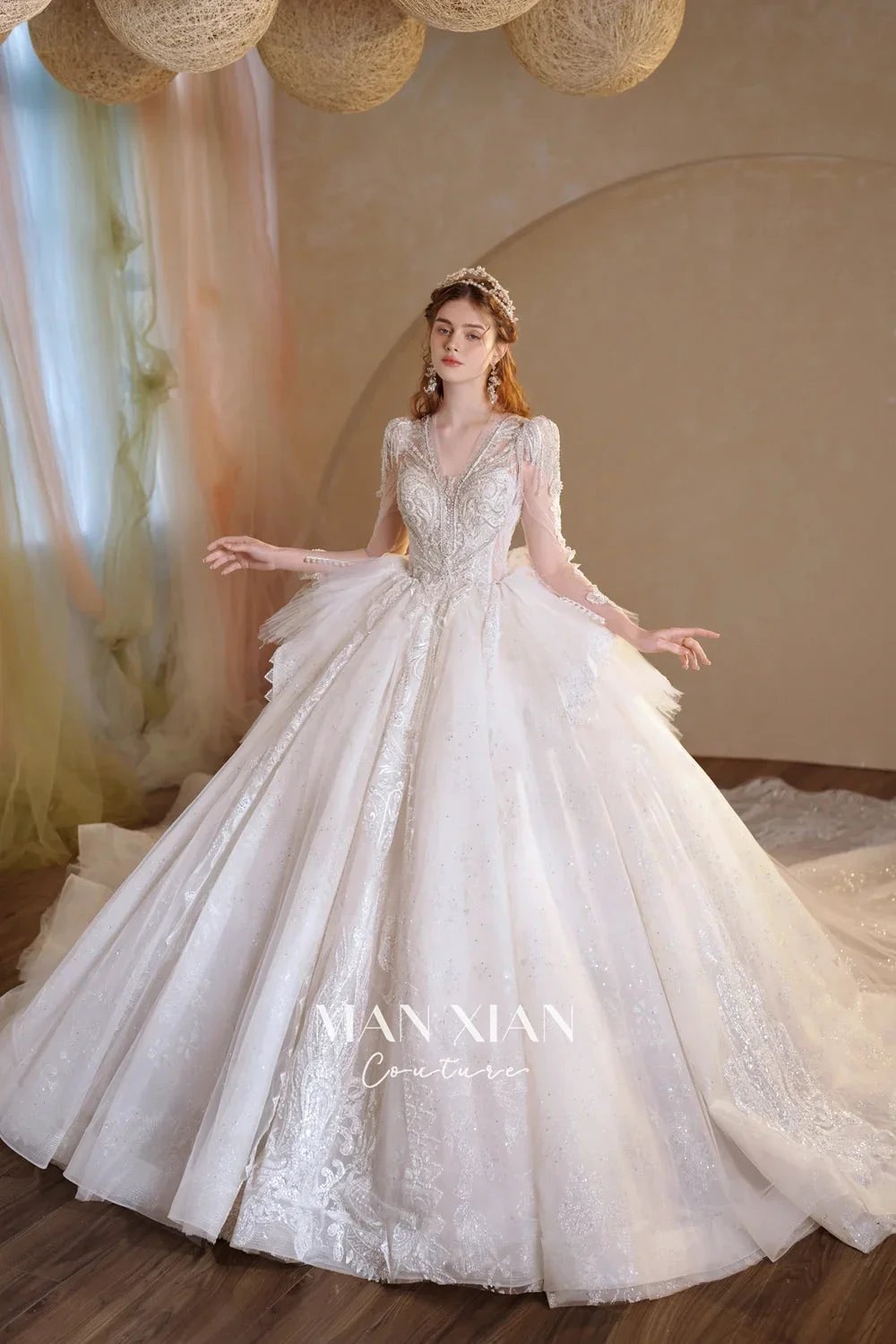 Luminous Ivory V-Neck Glitter Tulle Ball Gown with Beaded Lace, Sheer Sleeves & Draped Ruffle Train N001