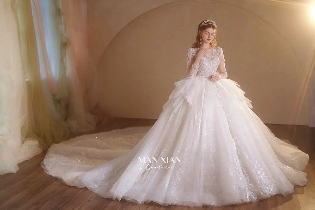 Luminous Ivory V-Neck Glitter Tulle Ball Gown with Beaded Lace, Sheer Sleeves & Draped Ruffle Train N001