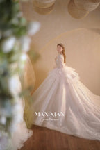 Luminous Ivory V-Neck Glitter Tulle Ball Gown with Beaded Lace, Sheer Sleeves & Draped Ruffle Train N001