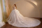 Luminous Ivory V-Neck Glitter Tulle Ball Gown with Beaded Lace, Sheer Sleeves & Draped Ruffle Train N001
