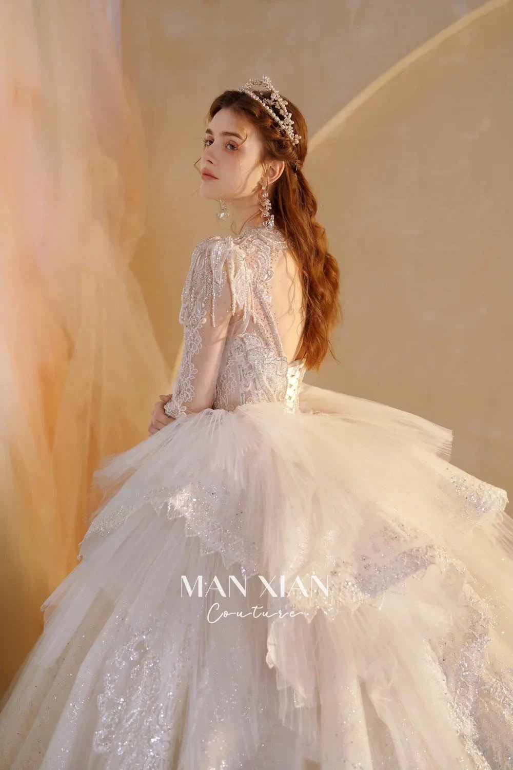 Luminous Ivory V-Neck Glitter Tulle Ball Gown with Beaded Lace, Sheer Sleeves & Draped Ruffle Train N001