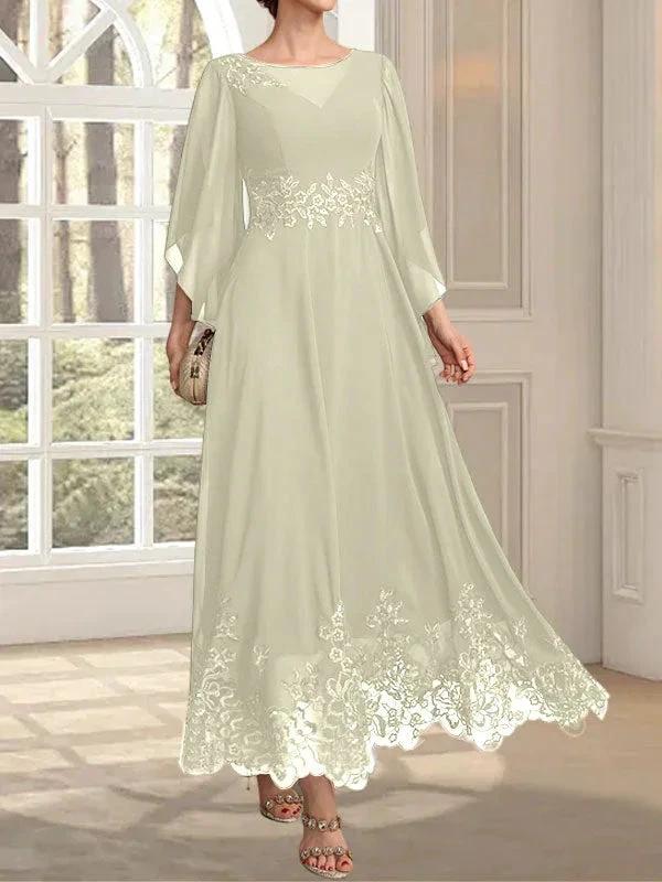 A-line Scoop Illusion Ankle-Length Lace Chiffon Mother of the Bride Dress With Sequins