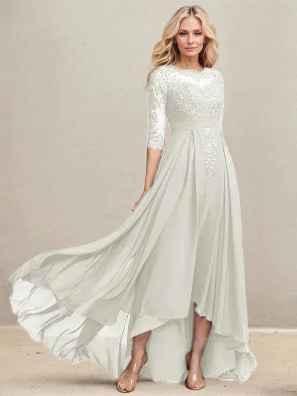A-line Scoop Illusion Asymmetrical Lace Chiffon Mother of the Bride Dress With Pleated Sequins