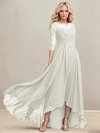 A-line Scoop Illusion Asymmetrical Lace Chiffon Mother of the Bride Dress With Pleated Sequins