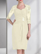 Sheath/Column Sweetheart Knee-Length Chiffon Mother of the Bride Dress With Beading Appliques Lace Sequins Pleated