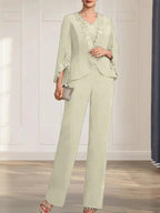 Separates Jumpsuit/Pantsuit V-Neck Floor-Length Chiffon Mother of the Bride Dress
