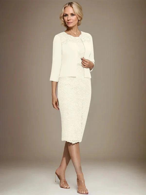 Sheath/Column Scoop Knee-Length Chiffon Lace Mother of the Bride Dress With Beading