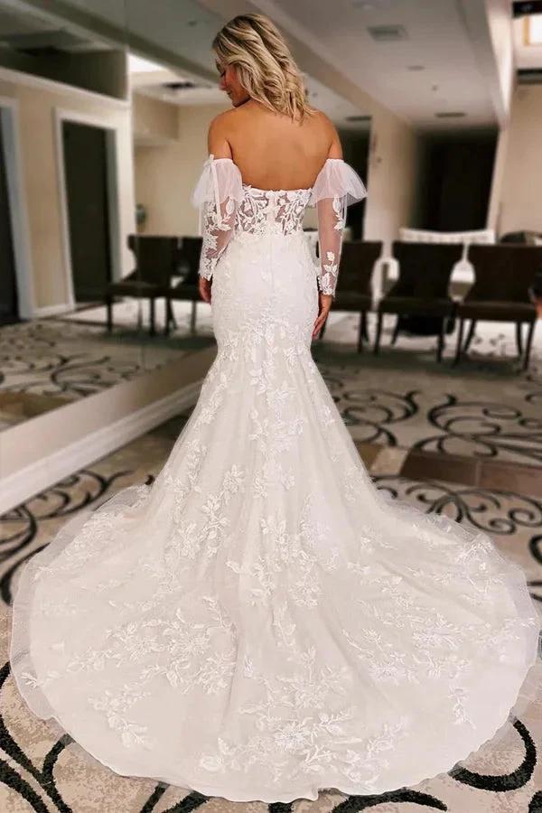 Ivory Floral Trumpet Wedding Dress with Detachable Sleeves WD723