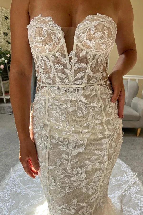 Ivory Lace Strapless Mermaid Wedding Dress Lace Bridal Gown WD707