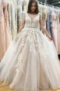 Ivory Tulle Lace A-line V-neck Beaded Wedding Dresses Prom Dresses MP640