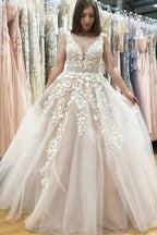Ivory Tulle Lace A-line V-neck Beaded Wedding Dresses Prom Dresses MP640