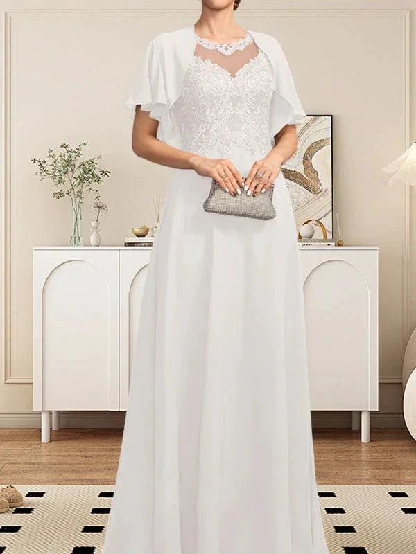 A-line Scoop Illusion Floor-Length Lace Chiffon Mother of the Bride Dress With Sequins