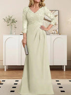 Sheath/Column V-Neck Illusion Floor-Length Lace Chiffon Mother of the Bride Dress With Pleated Sequins