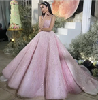 New Arrival Pink Straps Sequin Beaded Long Ball Gown Formal Occasion Gowns Y4918