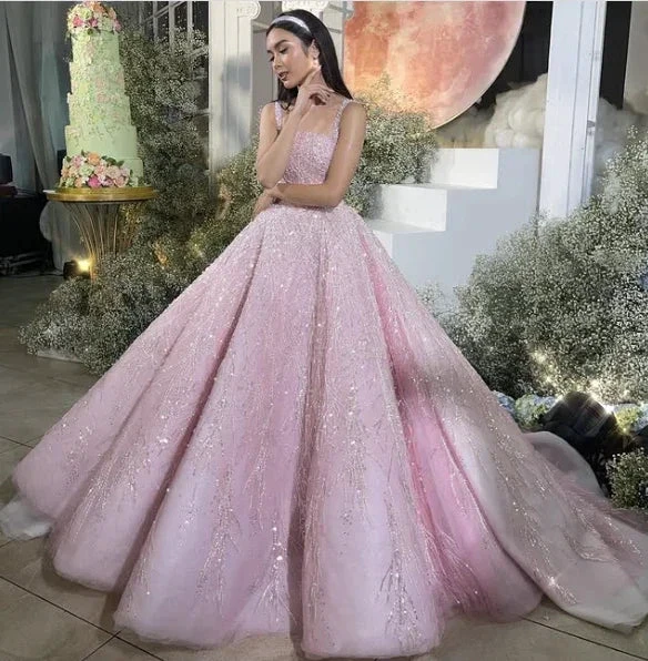 New Arrival Pink Straps Sequin Beaded Long Ball Gown Formal Occasion Gowns Y4918