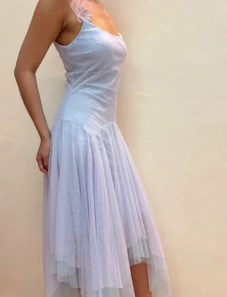 Lilac Tulle A Line Party Dress Straps Homecoming Dress With Flowers Y8143