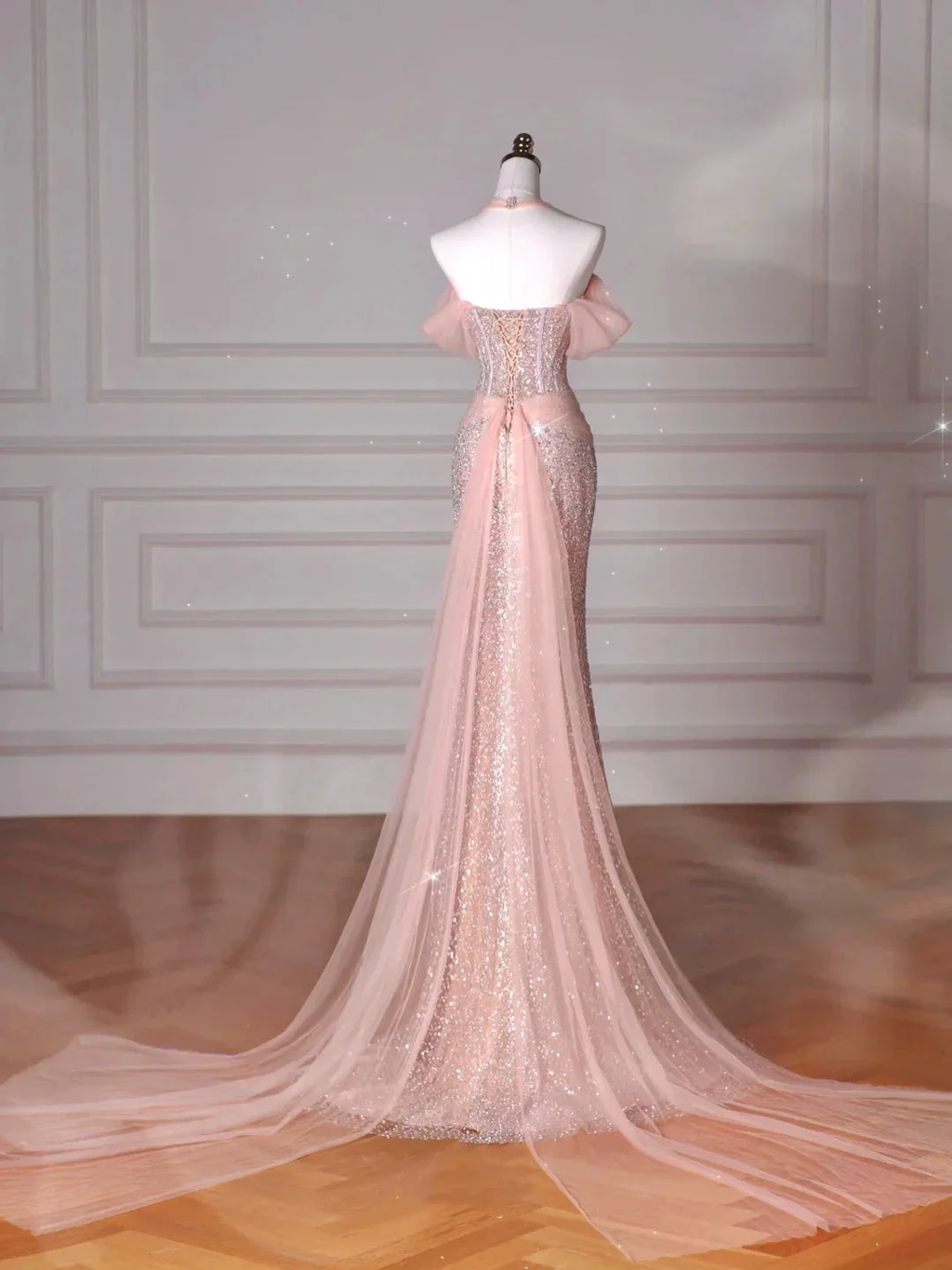 Classy Pink Halter Sequin Beaded Tulle Mermaid Evening Dress Long Prom Dress Y8620