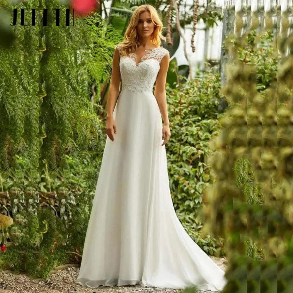 Beach Lace Chiffon Wedding Dress Charming O-Neck Appliques Bridal Gowns A-Line Backless Sleeveless Robe De Mariee 2024