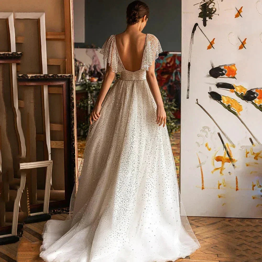Elegant Glitter Sweetheart Wedding Dresses For Women A-Line Batwing Sleeves Bridal Gown Tulle Backless