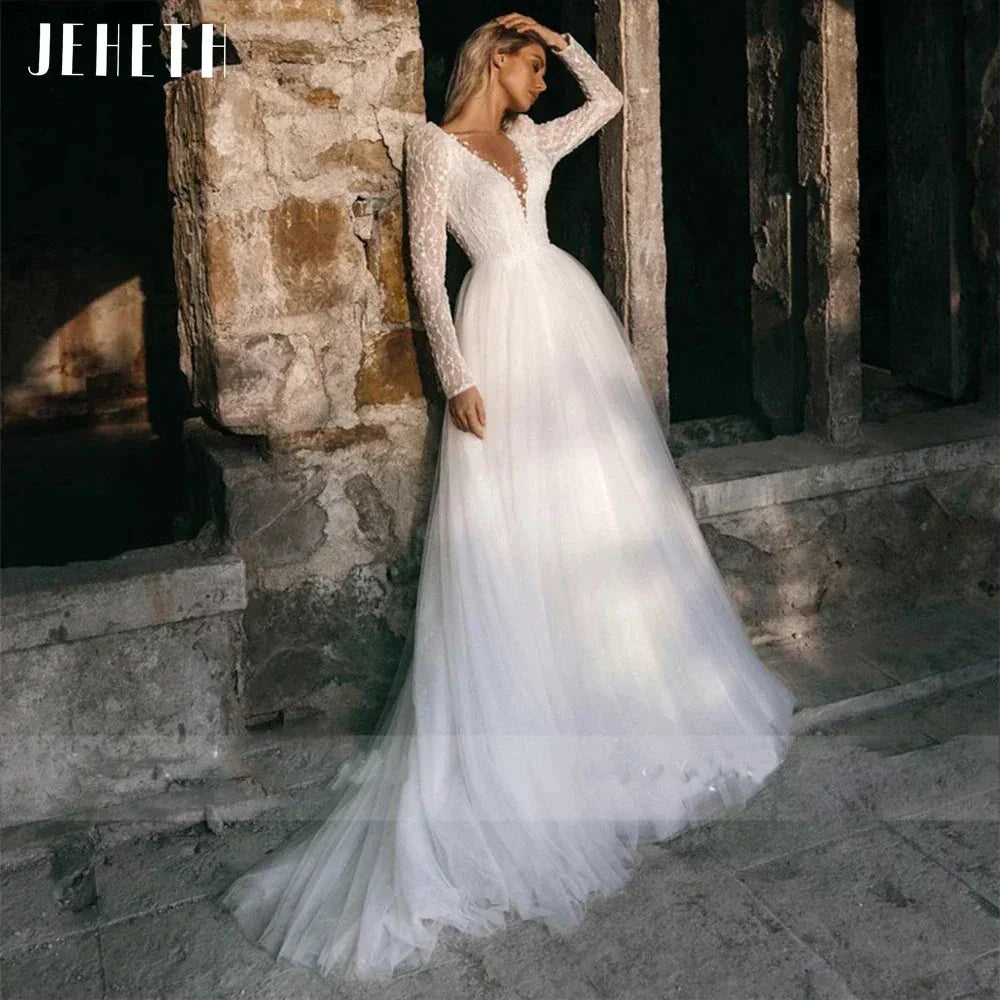 Sexy Long Sleeve Wedding Dress Beach Women Illusion Back Lace Appliques V-Neck A-Line Bridal Gown Tulle Vestidos De Novia