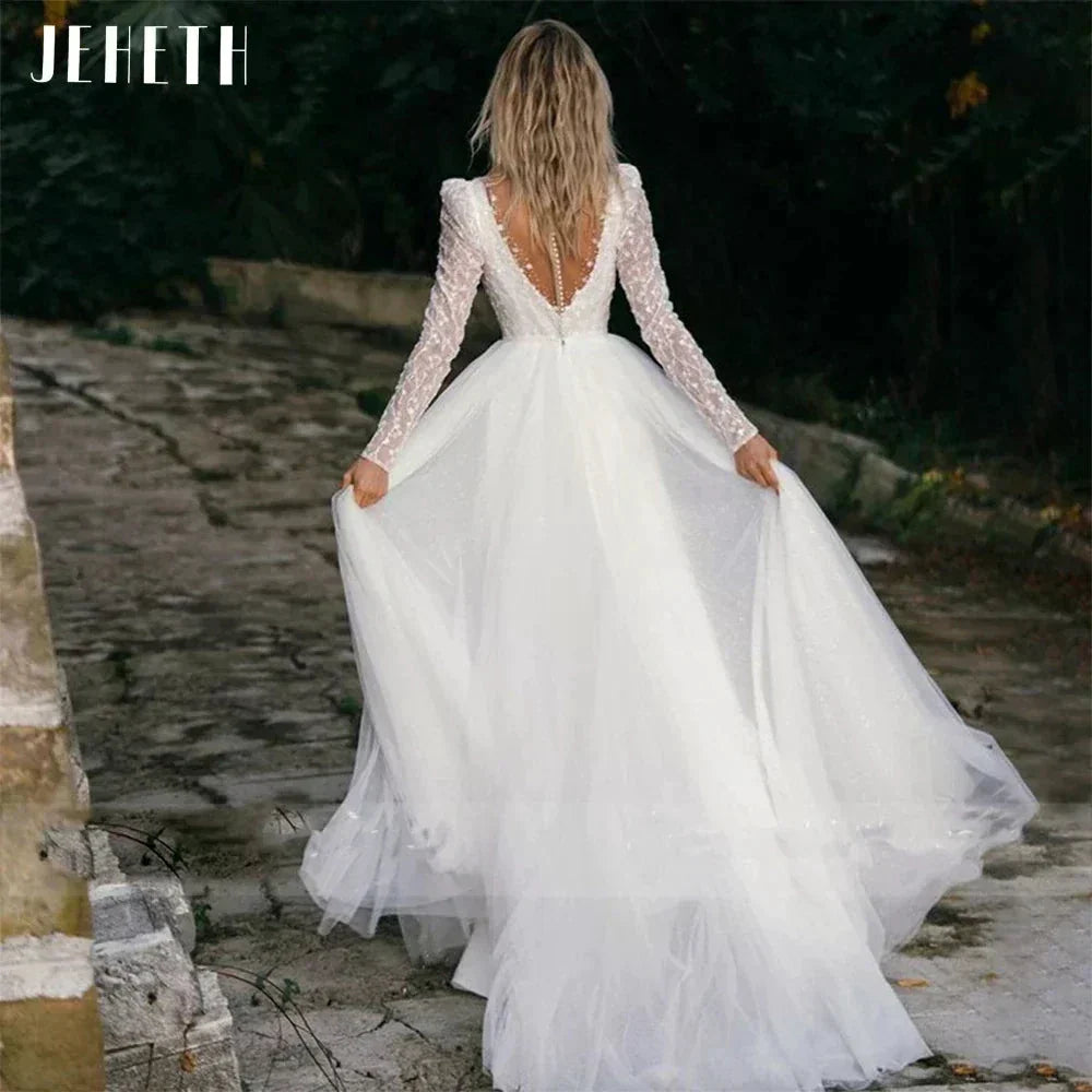 Sexy Long Sleeve Wedding Dress Beach Women Illusion Back Lace Appliques V-Neck A-Line Bridal Gown Tulle Vestidos De Novia