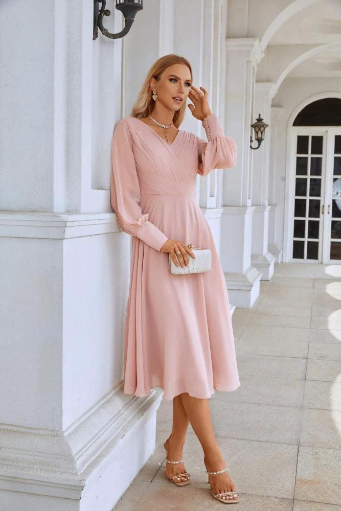 Women Chiffon V Neck Long Sleeves Knee Length Bridesmaid Prom Evening Dress Wedding Party Shopping SY28107