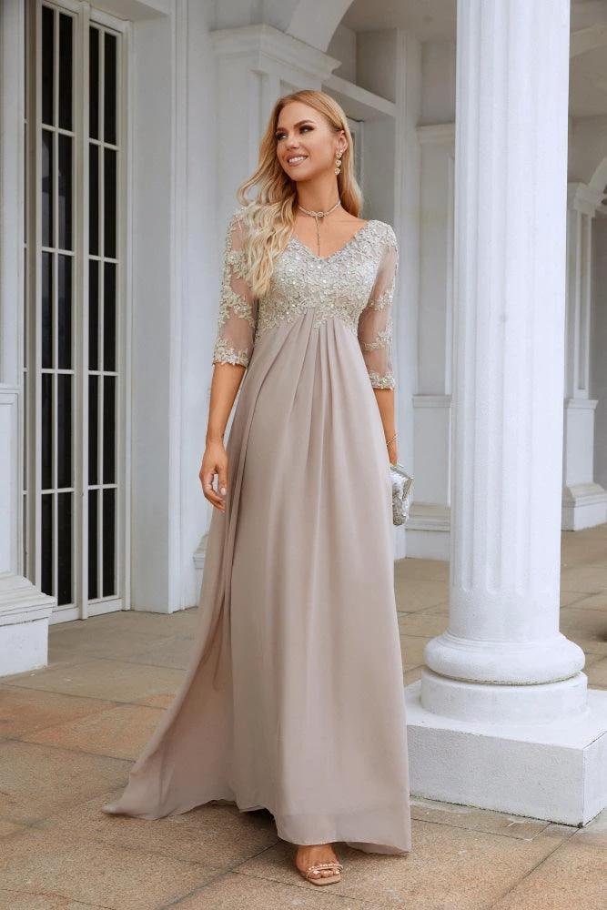 Women Chiffon V Neck Long Half Sleeves  Mother of Bride Dress Wedding Wedding Party  SY28108