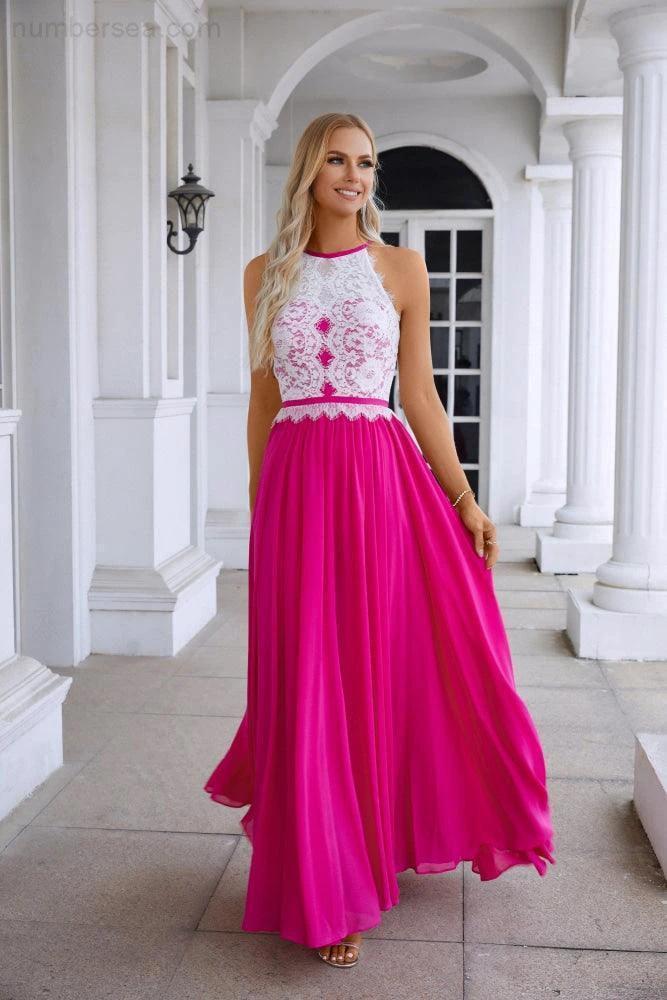 Women's Halter Neck Sleeveless Chiffon Lace Bridesmaid Evening Dress Wedding Prom Party Evening Dress 28120