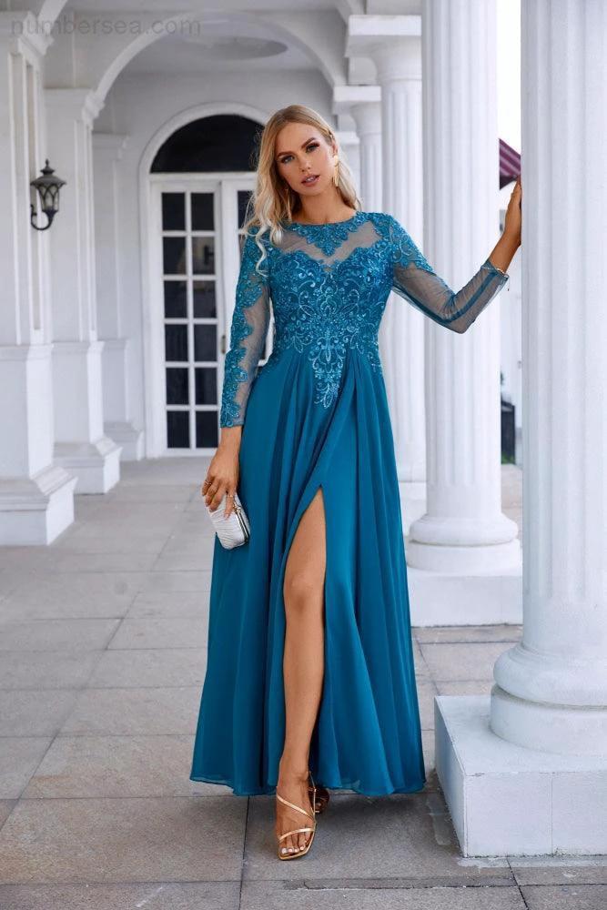 Chiffon Lace Long Sleeve Round Neck Bridesmaid Evening Dress Wedding Party Prom Evening Dress SY28132