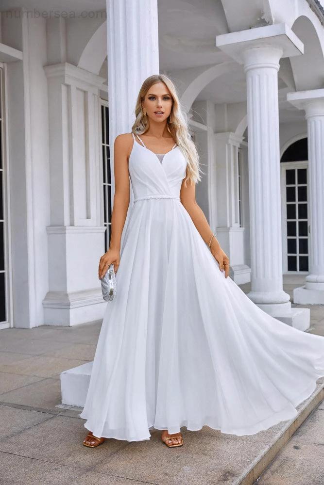 Ladies Spaghetti Strap Belt Chiffon Bridesmaid Evening Dress Prom Wedding Party Evening Dress 28134