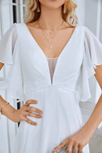 Ladies V Neck Ruffle Sleeves Chiffon Bridesmaid Evening Dress Beach Wedding Party Evening Dress 28097