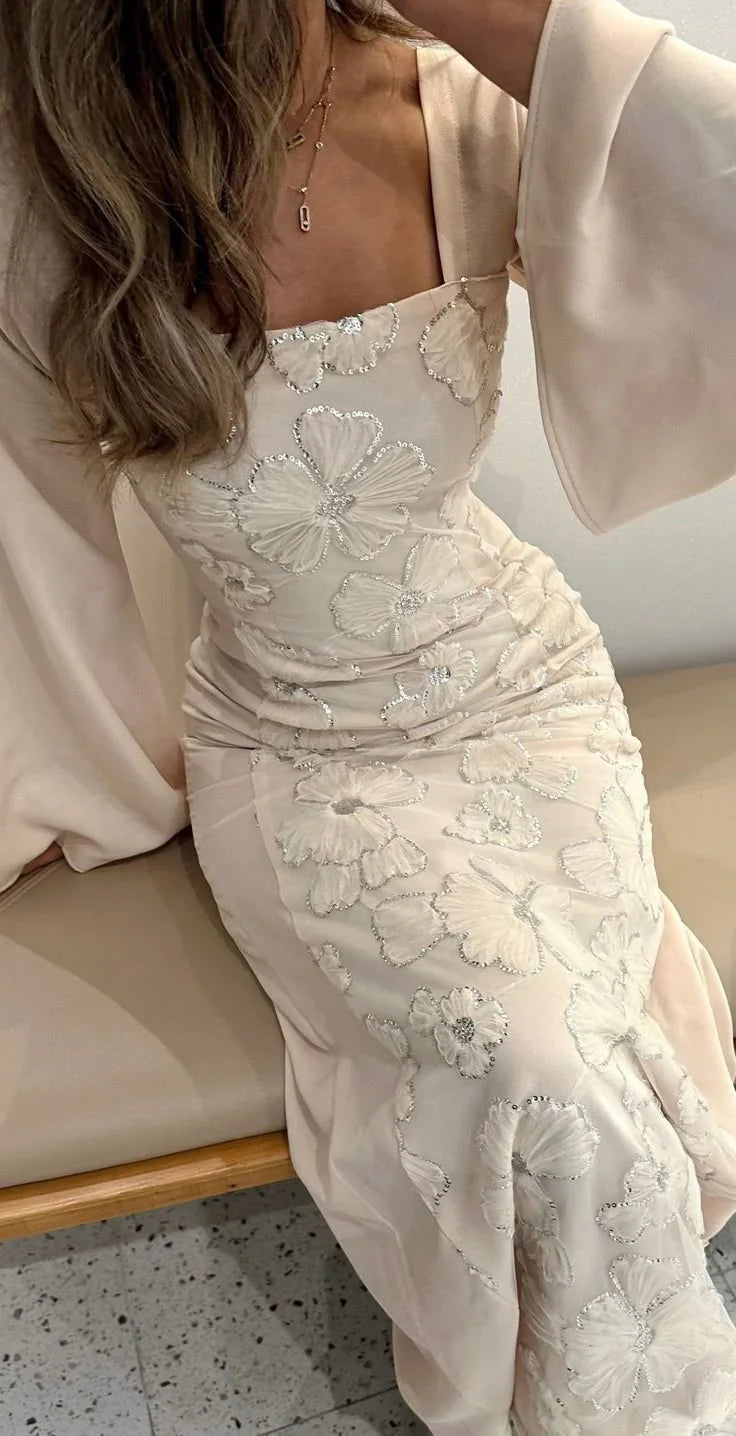Glamorous Square Neck Satin Flowers Long Prom Dress Formal Evening Dress Y8399