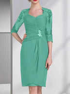 Sheath/Column Sweetheart Knee-Length Chiffon Mother of the Bride Dress With Beading Appliques Lace Sequins Pleated