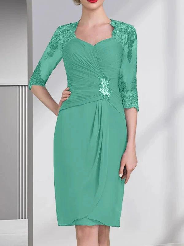 Sheath/Column Sweetheart Knee-Length Chiffon Mother of the Bride Dress With Beading Appliques Lace Sequins Pleated