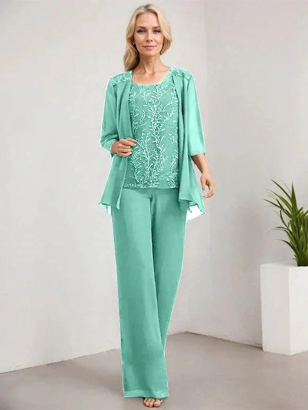 Separates Jumpsuit/Pantsuit Scoop Floor-Length Lace Chiffon Mother of the Bride Dress With Sequins