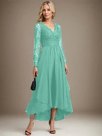 A-line V-Neck Asymmetrical Lace Chiffon Mother of the Bride Dress