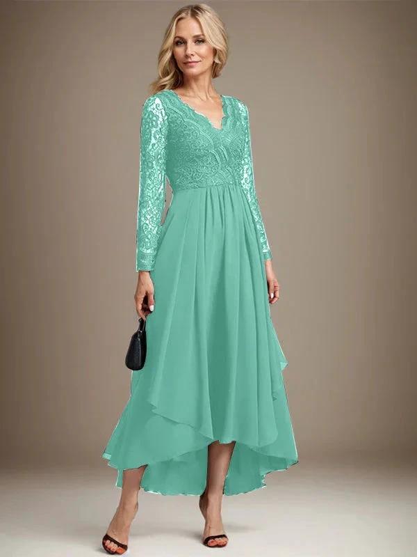 A-line V-Neck Asymmetrical Lace Chiffon Mother of the Bride Dress
