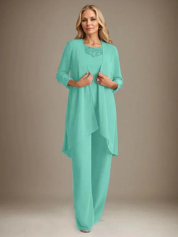 Chiffon Scoop Long Sleeves Mother Of The Bride Pantsuits With Jacket
