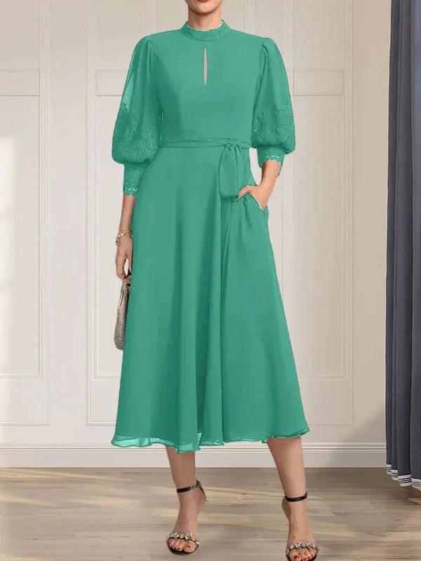 A-line High Neck Tea-Length Lace Chiffon Mother of the Bride Dress With Bow