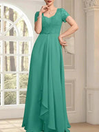 A-line Sweetheart Floor-Length Chiffon Lace Mother of the Bride Dress With Beading Cascading Ruffles