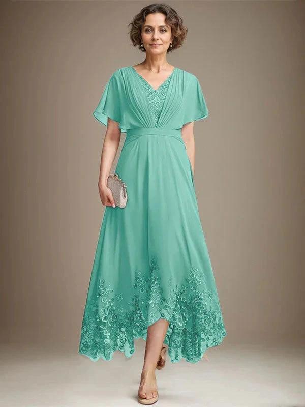 A-line V-Neck Asymmetrical Lace Chiffon Mother of the Bride Dress With Pleated