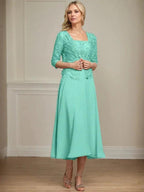 A-line Square Tea-Length Chiffon Lace Mother of the Bride Dress With Sequins Beading
