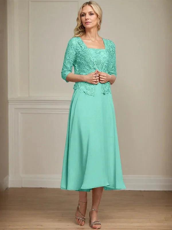 A-line Square Tea-Length Chiffon Lace Mother of the Bride Dress With Sequins Beading