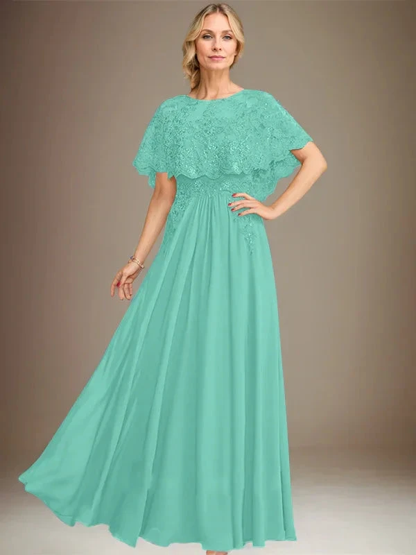 A-line Boat Neck Floor-Length Lace Chiffon Mother of the Bride Dress With Applique Sequins