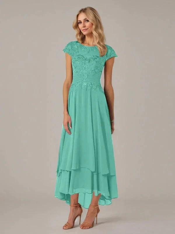 A-line Boat Neck Illusion Asymmetrical Chiffon Lace Mother of the Bride Dress With Applique Pleats