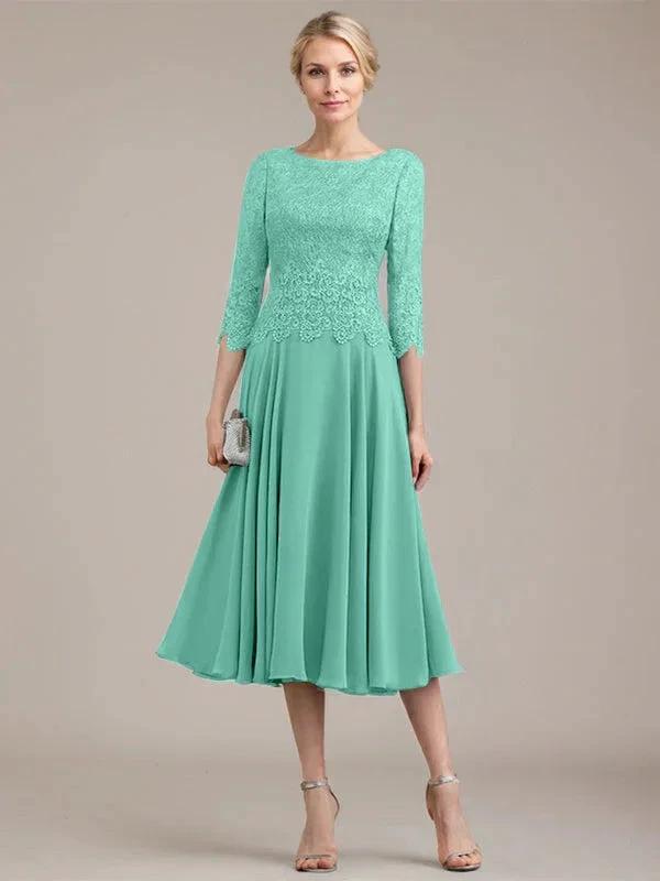 A-line Scoop Tea-Length Lace Chiffon Mother of the Bride Dress
