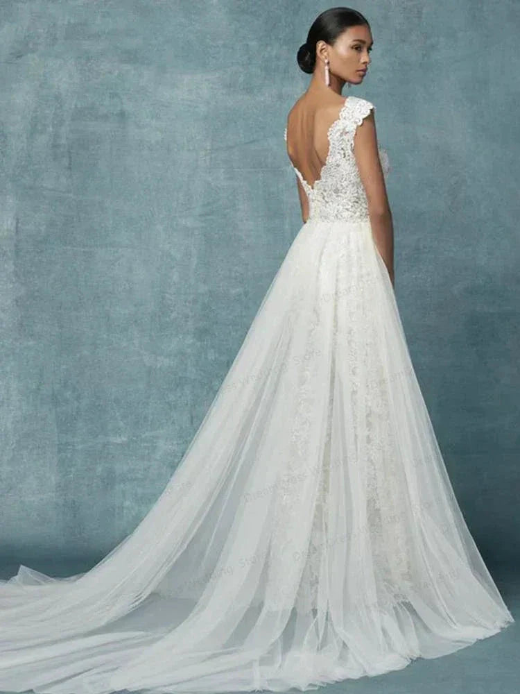 Wedding Dresses With Detachable Train Bride Pants Suit Lace Appliqued Sleeveless Women Brides Outfits Backless Custom