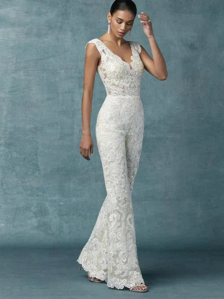 Wedding Dresses With Detachable Train Bride Pants Suit Lace Appliqued Sleeveless Women Brides Outfits Backless Custom