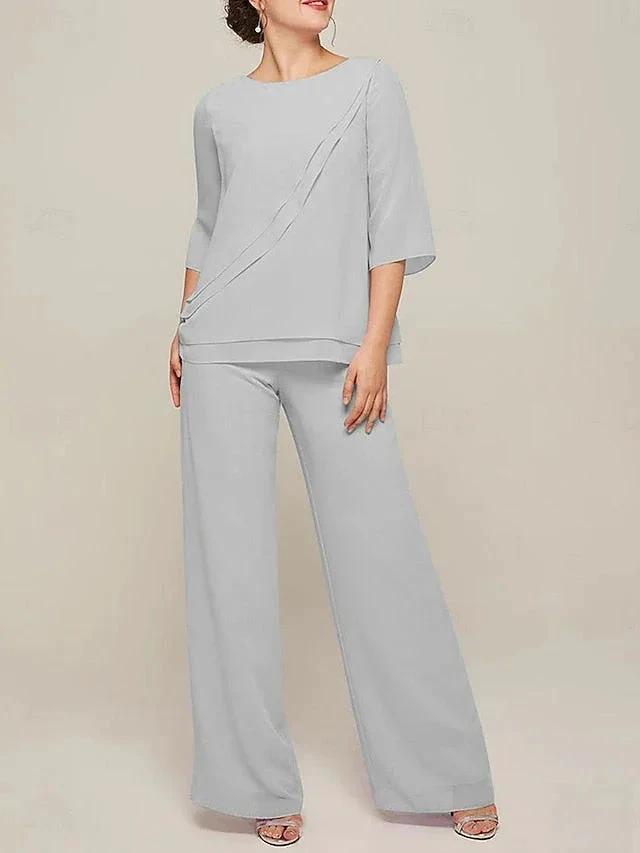 Jumpsuits Scoop Half Sleeves Chiffon Mother Of The Bride Pantsuits with Ruffles