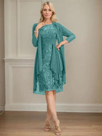 Sheath/Column Scoop Illusion Knee-Length Lace Chiffon Mother of the Bride Dress With Cascading Ruffles Sequins